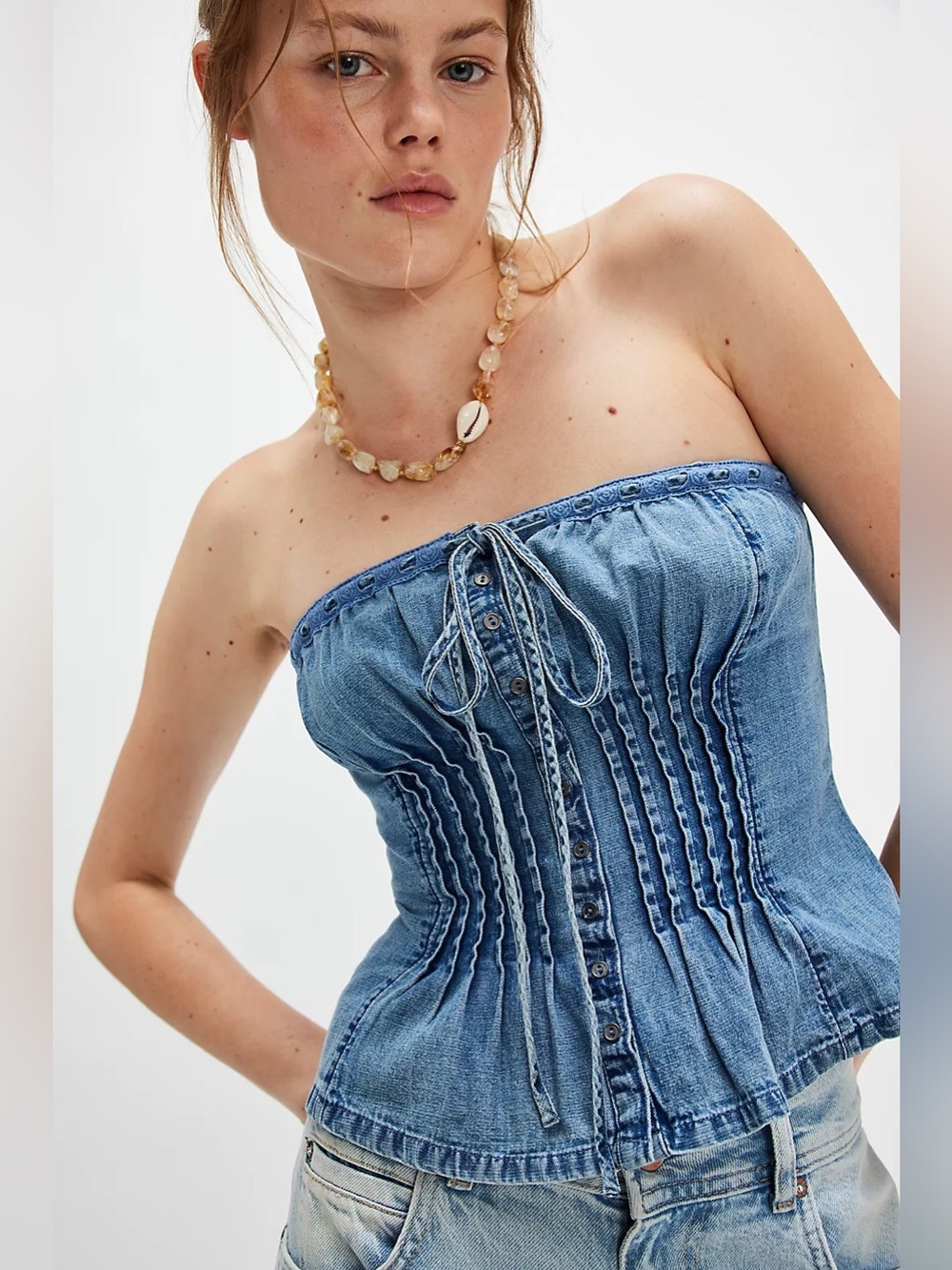 Free People Denim Corset Tube Top Medium Wash XS NWT western strapless